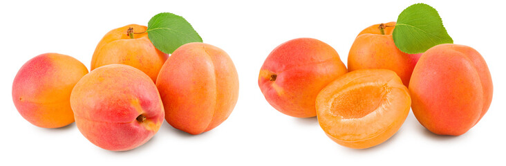 apricot fruits with green leaf isolated on white background. clipping path