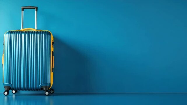 Blue hard-shell suitcase on wheels against minimalist blue background
