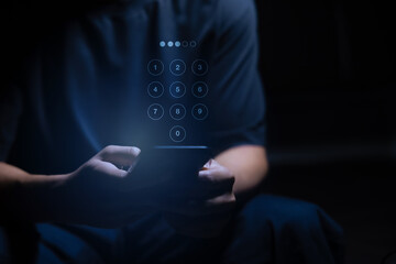 Businessman Hand pressing passcode button on virtual screen to unlock, security system, cyber security, technology network concept.