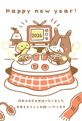 2026年　お雑煮を食べる馬と蛇の年賀状テンプレート④