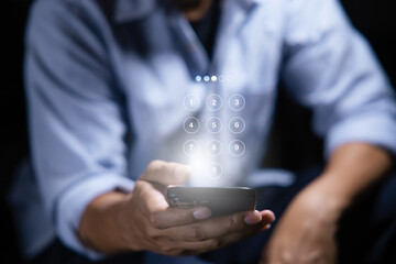 Businessman Hand pressing passcode button on virtual screen to unlock, security system, cyber security, technology network concept.