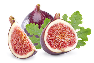 Fig fruit with green leaves isolated on white background. clipping path