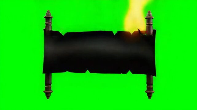 ancient paper roll object on fire with greenscreen