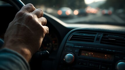 Hand on Wheel Driving Car on Road