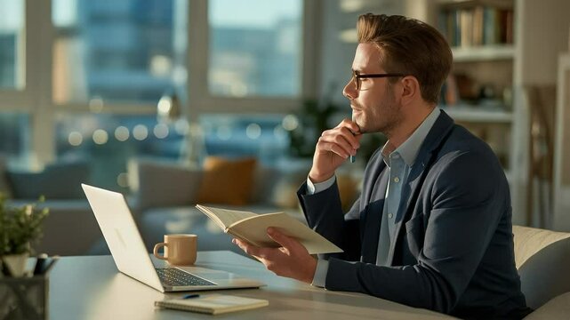 Focused Contemplation: A thoughtful man at a desk, engrossed in reading and using a laptop in the warm light of the afternoon, surrounded by books.