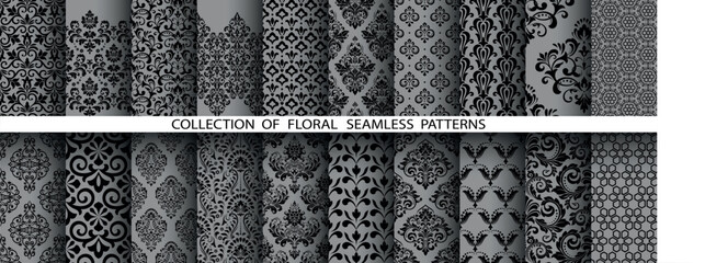 Geometric floral set of seamless patterns. Gray and black vector backgrounds. Damask graphic ornaments