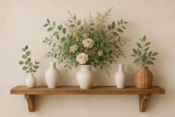 Fototapeta premium White ceramic vase with greenery placed on minimal wall-mounted wooden shelf