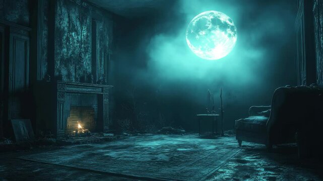Mysterious interior bathed in moonlight with an eerie atmosphere and shadows in a forsaken room