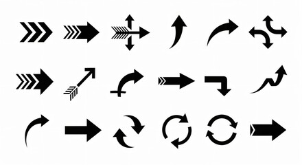 A collection of various black arrow designs pointing in different directions on a white background plain style