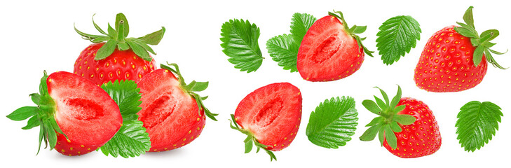 Sliced strawberry with green leaves isolated on white background. clipping path