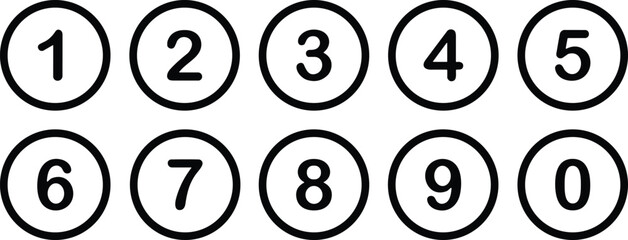 Vector black outlined circles with numbers 0 to 9, ideal for counting, sequences, lists, steps, pagination, mathematical concepts, buttons, education, and user interface design elements.