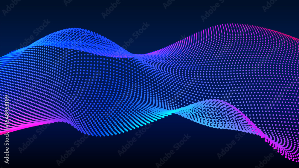 Poster abstract background of glowing particle waves in blue and purple, creating a futuristic and dynamic 