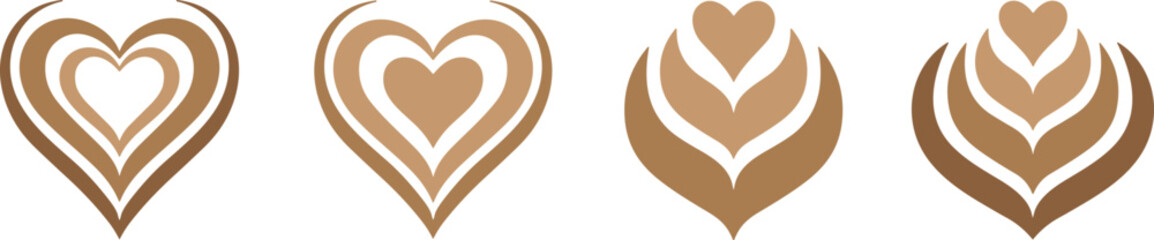 Vector coffee latte art designs in heart and leaf shapes, perfect for coffee shops, cafes, baristas, love, romance, morning, beverage, hot drinks, and decorative beverage presentation.
