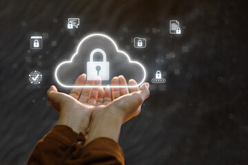 Hands holding a cloud icon with a padlock, representing cloud security, data protection, and...