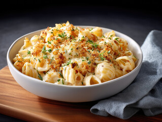Delicious baked pasta topped with crispy breadcrumbs and herbs on a wooden board