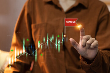 A person touching a red SUCCESS flag on a rising financial graph, symbolizing business achievement...