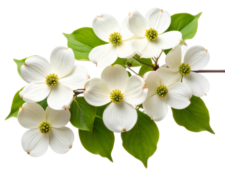 Dogwood Tree Branch with White Petaled Flowers and Yellow Centers, isolated on transparent background