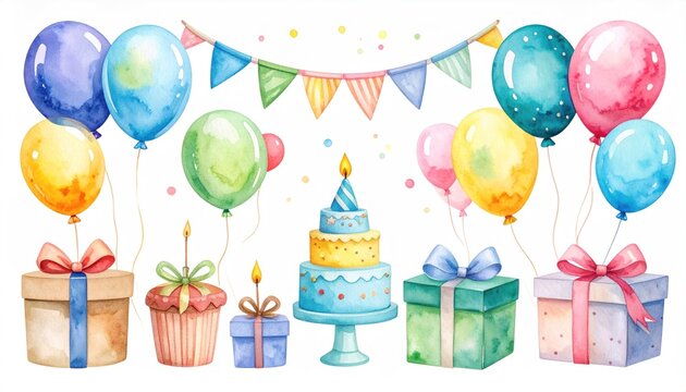 Festive watercolor birthday party elements featuring balloons, cake and gifts