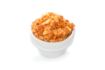 Allium Sativum, fried garlic, thinly sliced golden yellow frame For decorating food menus and...