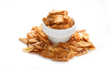 Allium Sativum, fried garlic, thinly sliced golden yellow frame For decorating food menus and...