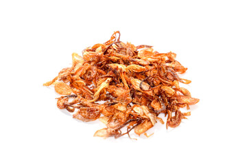 fried red onions, Crispy fried onions in a white bowl are fried to a golden brown color. Benefits of Shallots prevent heart disease Help reduce fat in blood vessels.
