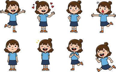 Cute cartoon girl character with different emotions, happy, sad, surprised, expressing feelings, set of facial expressions, emotional kid character illustration, educational and children’s content