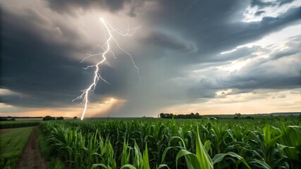 Dramatic Lightning Strike Over a Cornfield at Sunset