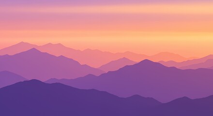 Serene Sunset Hues Over Misty Purple Mountain Ranges