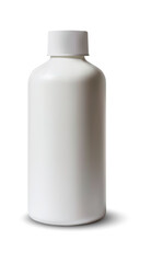 Tall white plastic bottle with cap. Ideal for branding, supplement packaging, pharmaceutical, and cosmetic mockups.