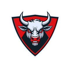Obraz premium Fierce white bull with red eyes and sharp horns depicted in a modern shield logo on a black background