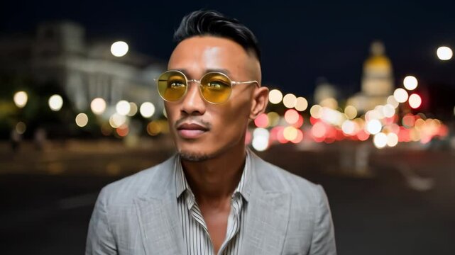 Young handsome man in a light business suit walking the city street at night, illuminated by professional lighting, with vibrant urban nightlife in the background.

