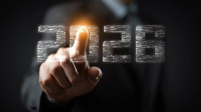 Fingertip Touch on 2026: A hand extends towards the futuristic 2026 figures, hinting at innovation, development, and strategic decisions, evoking a sense of technological advancement.