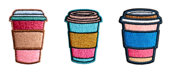Set of takeaway coffee cup embroidery patch isolated on transparent background, in PNG format, cut out