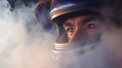 Racer in Helmet Surrounded by Smoke