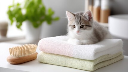 Close-up of pastel-colored cat massage comb resting on folded white towel with small grooming brush nearby, neutral bathroom shelf background