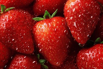 Close-up of fresh wet strawberries, Juicy red strawberries with drops, Healthy fruit concept for food and nutrition