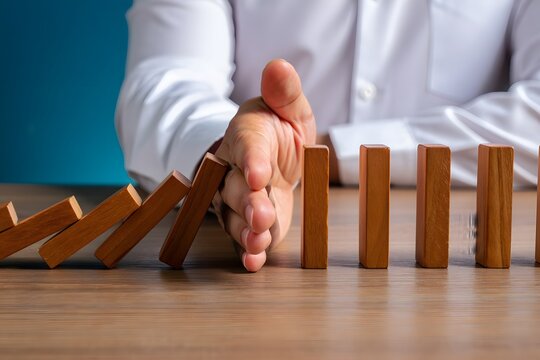 Hand Stopping the domino business crisis effect or risk protection concept, business solution and intervention 
