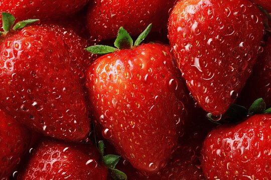 Close-up of fresh wet strawberries, Juicy red strawberries with drops, Healthy fruit concept for food and nutrition