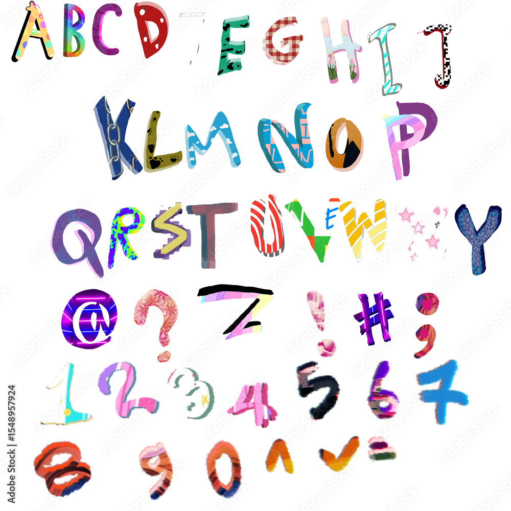 Fototapete colorful 3d hand-drawn alphabet font set ,font uppercase with character and numbers on transparent b