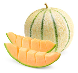 Sliced cantaloupe melon isolated on white background. clipping path