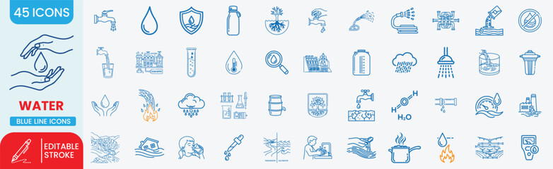 45 Blue Line Water Icons &ndash; Clean Water, Conservation, Hydration, and Infrastructure in Minimal Line Art Style