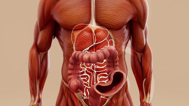 Conceptual animation of a man's anatomy and colon cancer