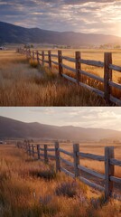 Obraz premium Rustic wooden fence stretches across a golden meadow at sunrise.