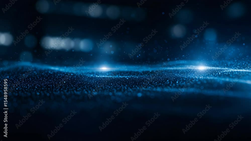 Wall mural abstract blue digital wave shimmering points with dark backdrop technology and science background sm
