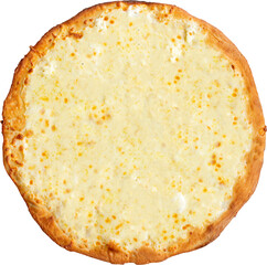 A round cheese pizza with a golden crust and a smooth, creamy topping.
