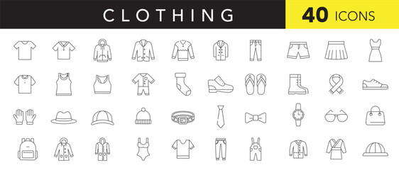 Clothing Essentials line Icon Set – Flat Minimal Icons of Fashion, Apparel, and Wearable Items