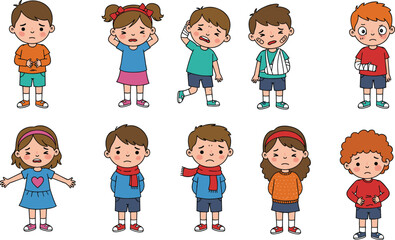 Sad sick injured children cartoon set, boy and girl hurt, emotional expressions vector, medical clipart for illness, healthcare, pain, crying, sad kids, doctor use