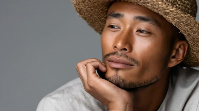 Close-up of a handsome man wearing a straw hat against a gray background, studio-lit, looking sideways thoughtfully with his hand under his chin.

