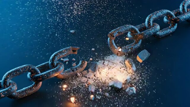Breaking Chain Shimmers with Embers on a Dark Blue Background Symbolizing Overcoming Challenges and Achieving Freedom and Liberation