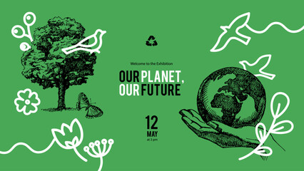 Hand drawn vintage eco-friendly ecology collage banner. Vector sketch vector illustration